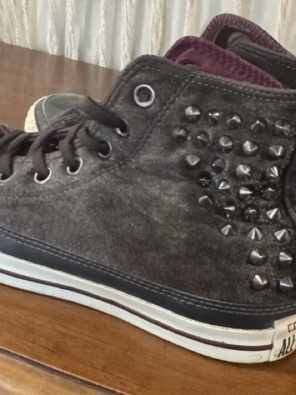 Converse High-Top Sneaker in Charcoal and Burgundy with Metal Studs - Picture 1 of 7